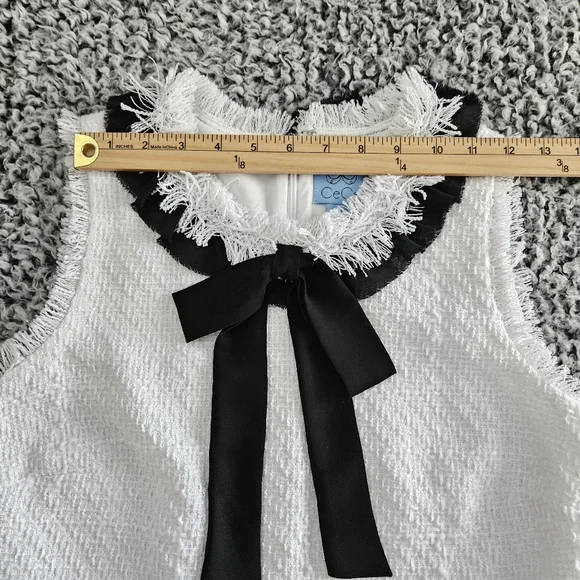 CeCe White Mini Dress Sz 6 M Tweed Sleeveless Black Bow Neck Tie Graduation - Picture 8 of 13
